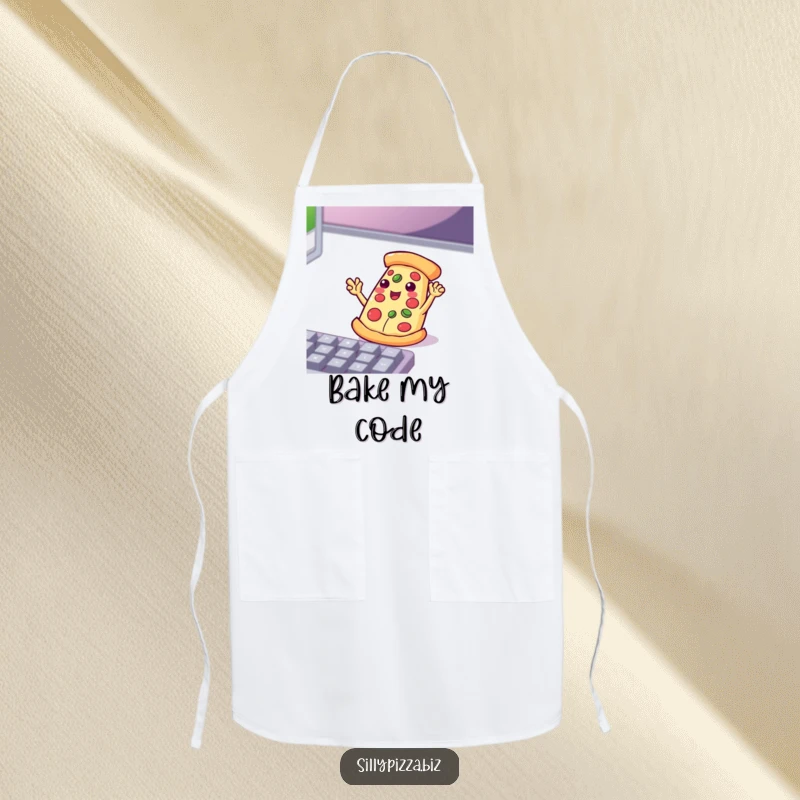 Funny pizza slice with small arms waving energetically at a computer keyboard, printed on a kitchen apron.
