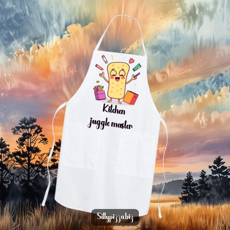 Funny apron showing an animated breadstick gleefully juggling colorful office supplies, a whimsical kitchen accessory.