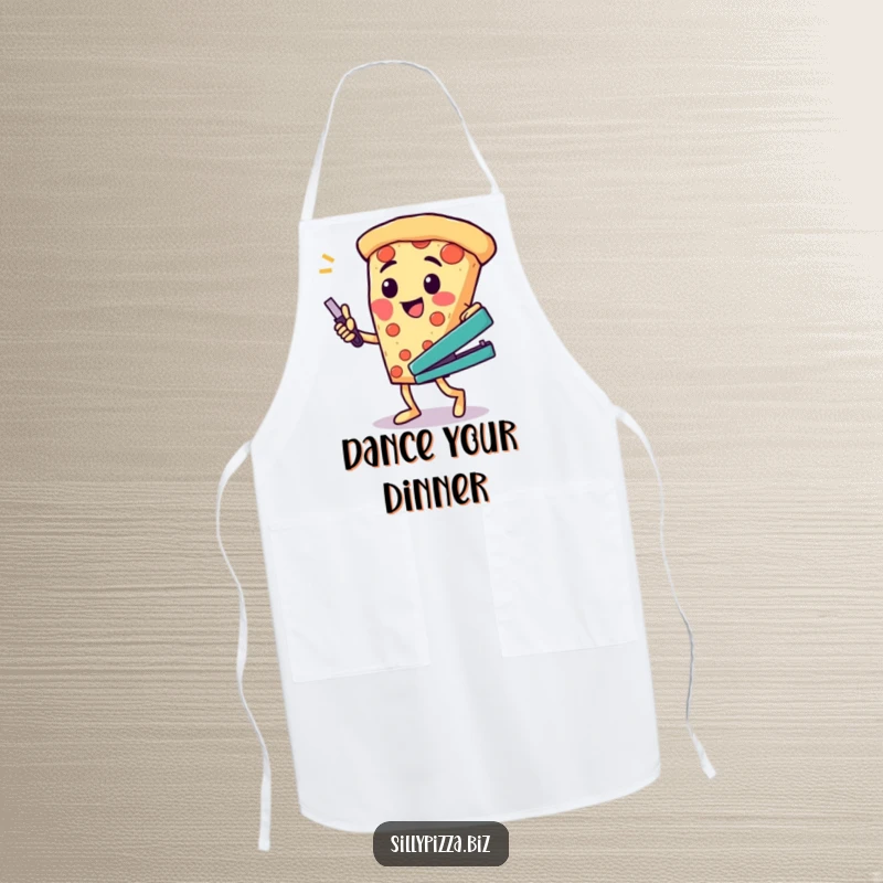 Funny apron showing a cheesy pizza character doing a silly dance with a stapler, a whimsical kitchen accessory.
