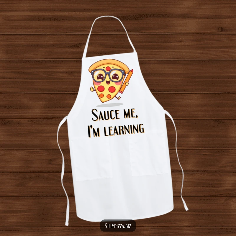 Funny pizza slice wearing big glasses, comically in pursuit of a pencil, printed on a kitchen apron.
