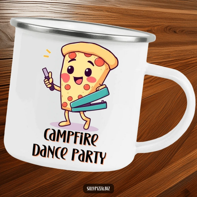 Funny camping mug depicting a cheesy pizza character doing a silly dance with a stapler, for outdoor amusement.