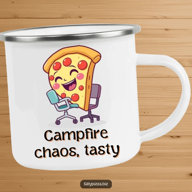 Funny camping mug depicting a smiling pizza slice comically tripping over a miniature office chair, for outdoor amusement.