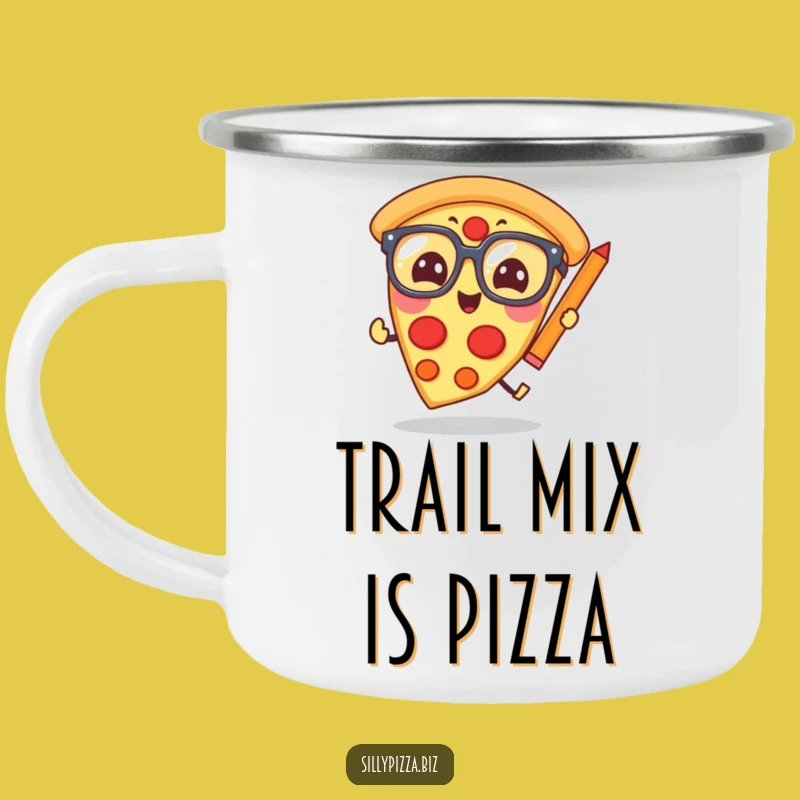 Funny Pizza Scholar Camping Mug: Giggling Glasses Slice Chasing Pencil Outdoor