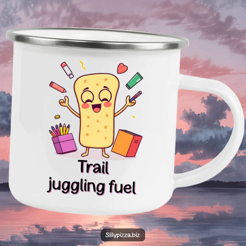 Funny camping mug depicting an animated breadstick gleefully juggling colorful office supplies, for outdoor amusement.