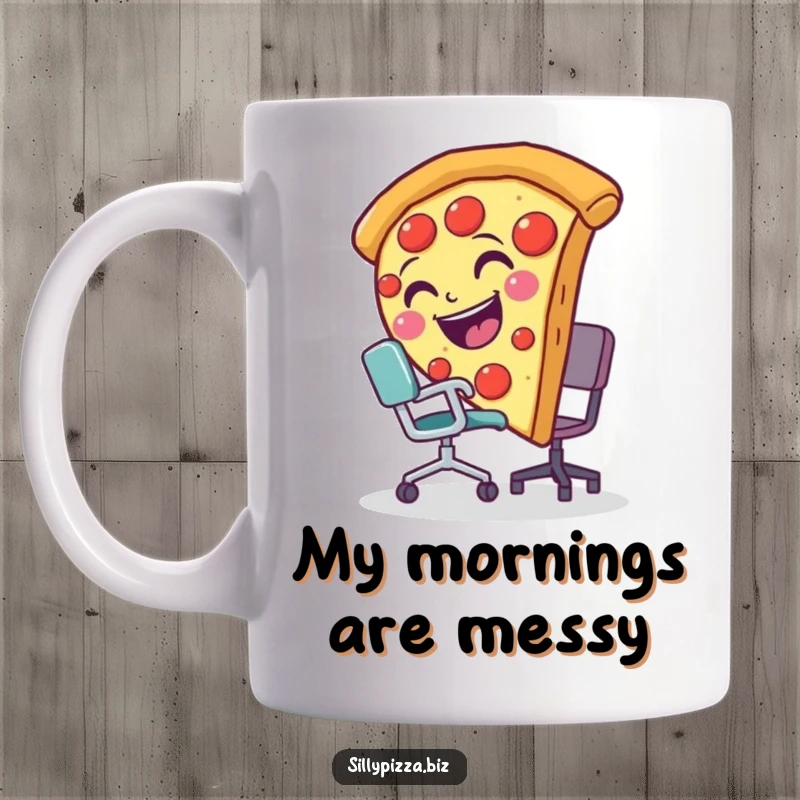 Funny mug featuring a smiling pizza slice comically tripping over a miniature office chair, creating a hilarious office scene.