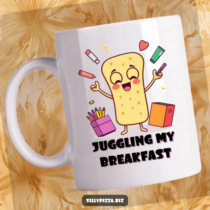 Funny mug with an animated breadstick gleefully juggling colorful office supplies like pens and paperclips.
