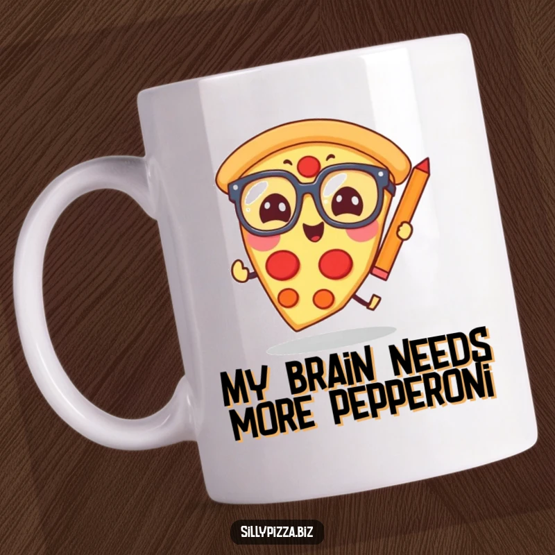 Funny pizza slice wearing big glasses, frantically chasing a pencil, showcasing a humorous, studious vibe on this coffee mug.