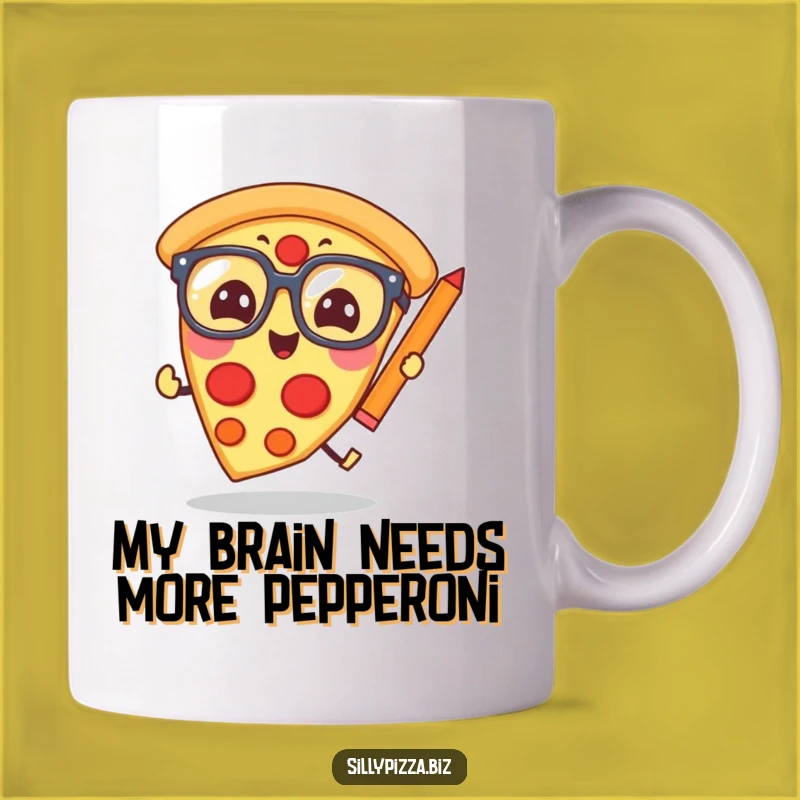 Funny Pizza Scholar Mug: Giggling Glasses Slice Chasing Pencil Humor Gift