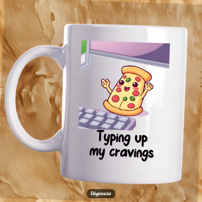 Funny, playful pizza character with small arms enthusiastically waving at a computer keyboard on this ceramic mug.