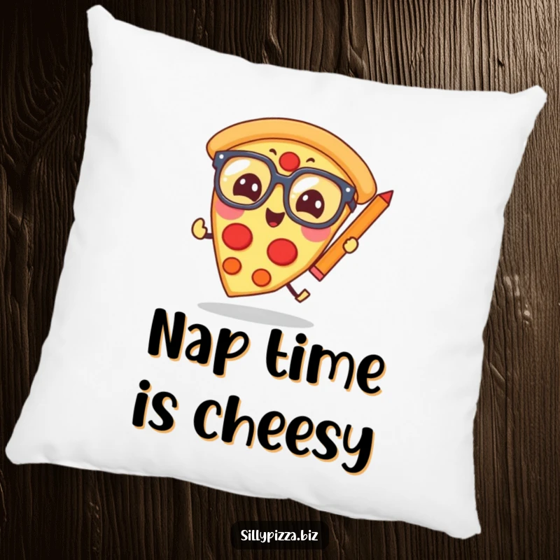 Funny pizza slice in oversized glasses, humorously chasing a pencil, featured on a soft, decorative pillow.