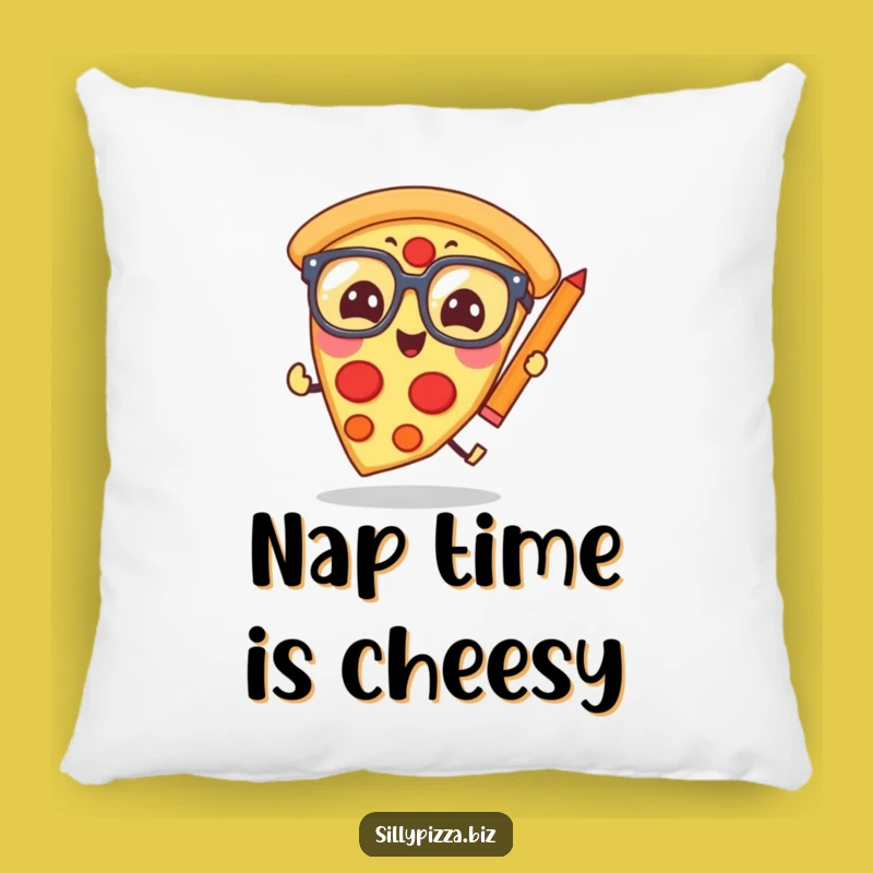Funny Pizza Scholar Pillow: Giggling Glasses Slice Chasing Pencil Cushion