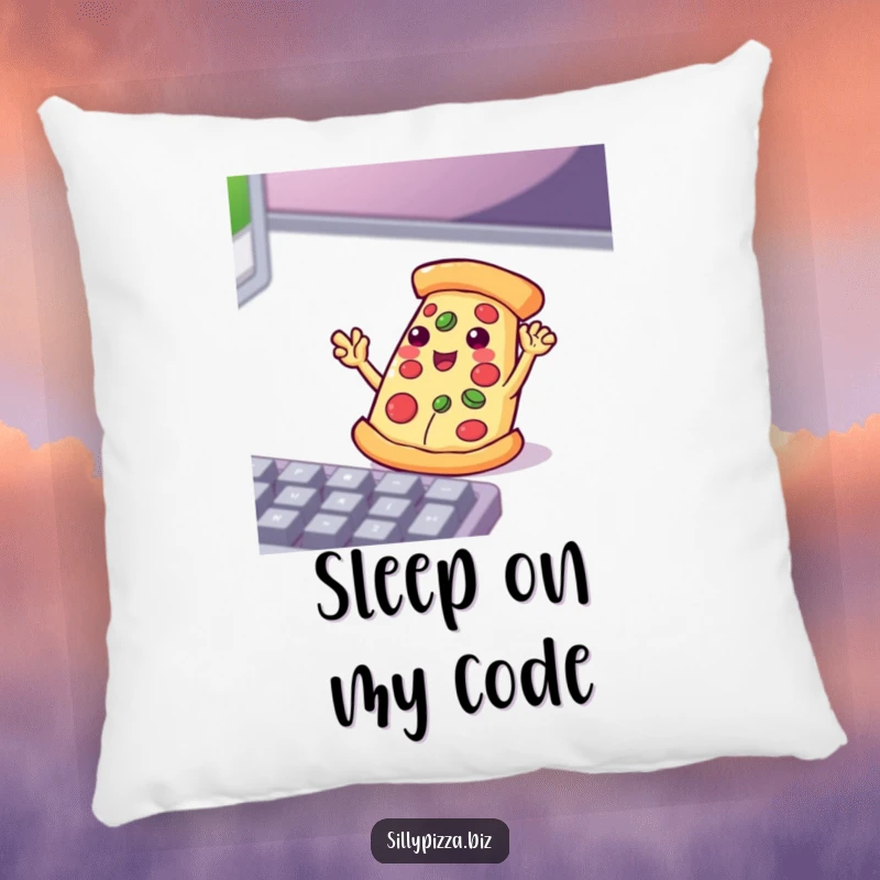 Funny pizza slice with small arms waving enthusiastically at a computer keyboard, featured on a soft, decorative pillow.