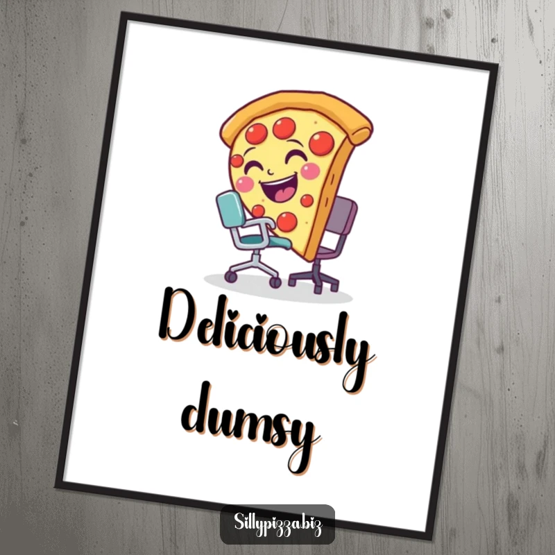 Funny digital art print of a smiling pizza slice comically tripping over a miniature office chair, a hilarious scene.