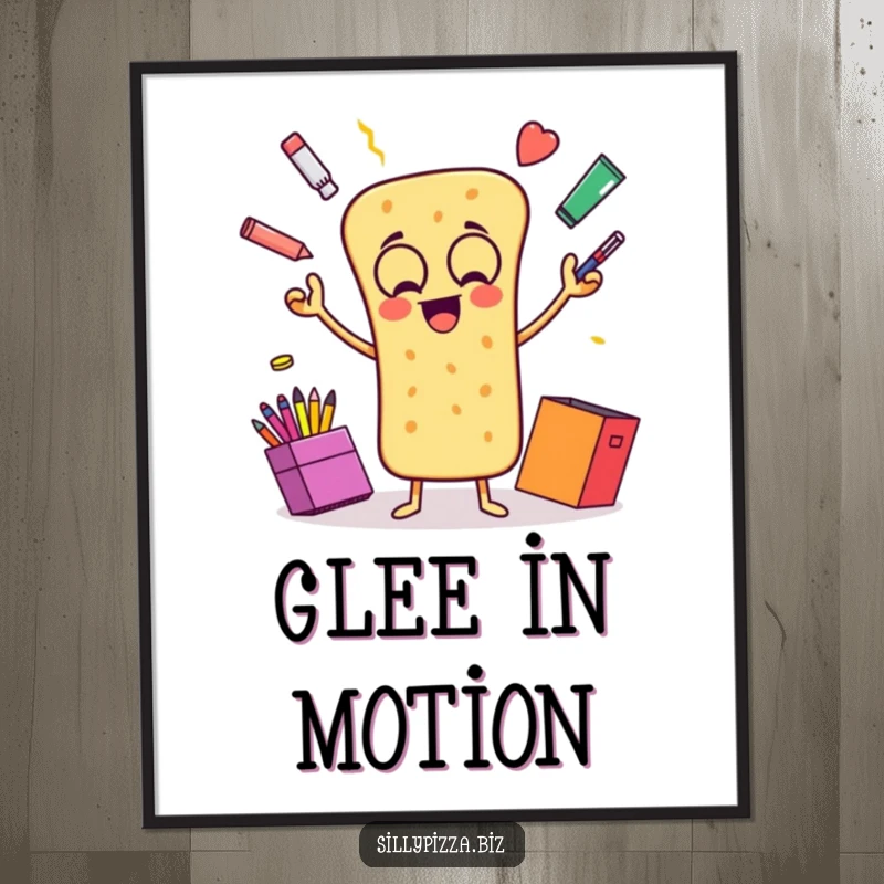 Funny digital art print of an animated breadstick joyfully juggling colorful office supplies, a vibrant scene.