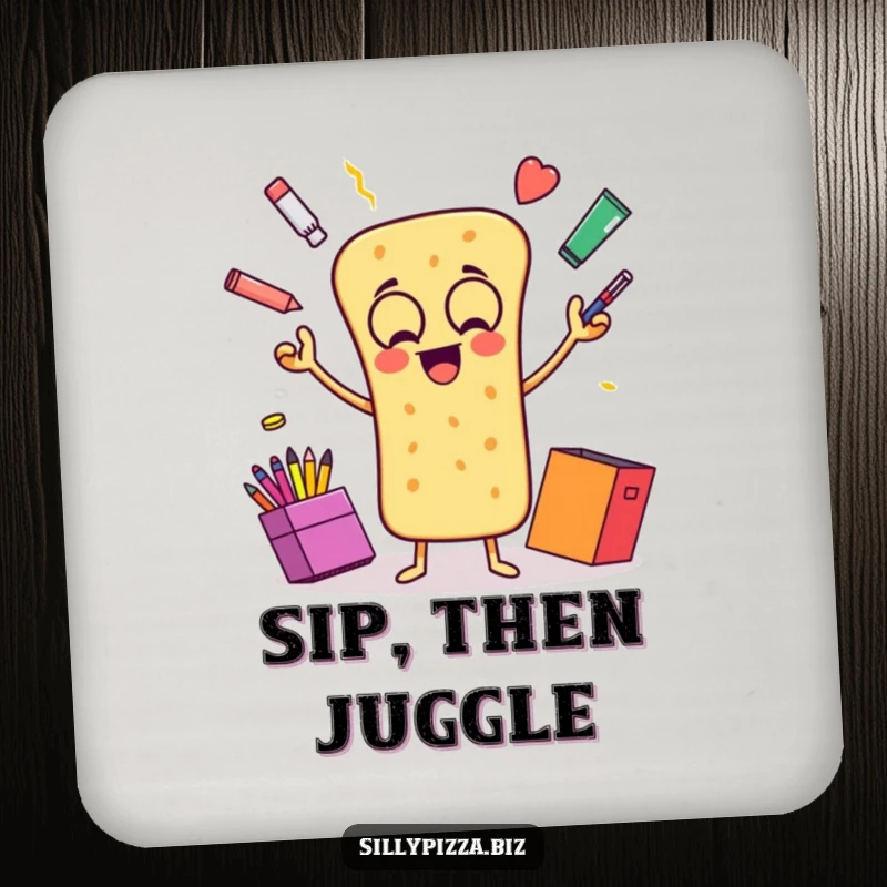 Funny coaster featuring an animated breadstick gleefully juggling colorful office supplies, a small but mighty gag.