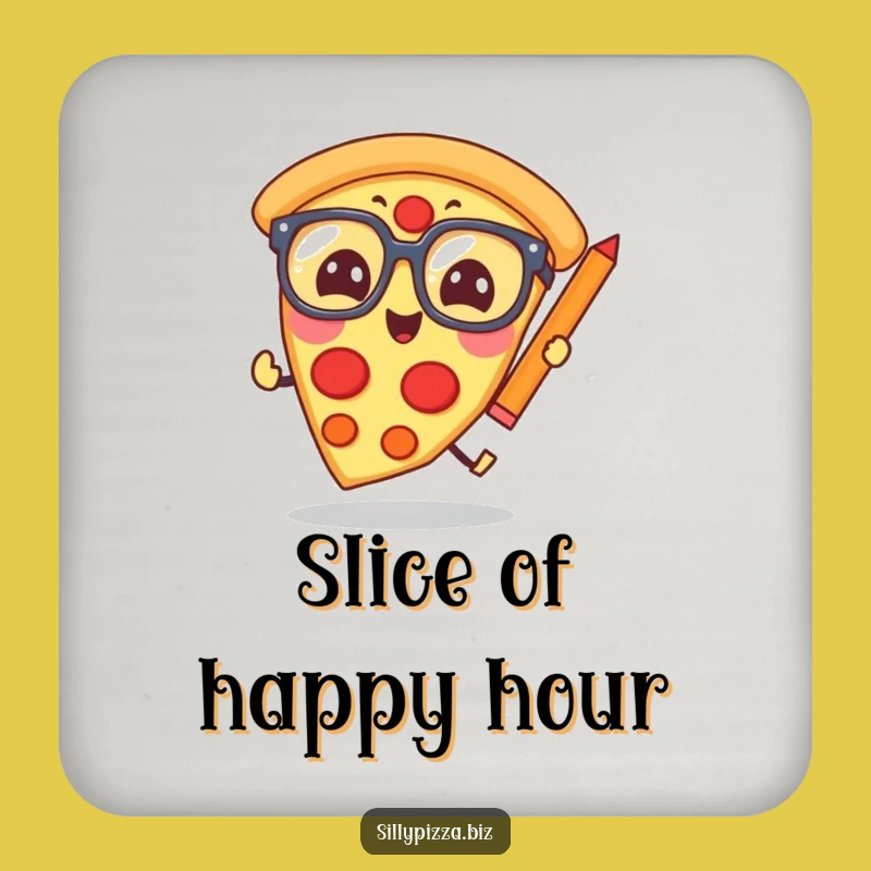 Funny Pizza Scholar Coaster: Giggling Glasses Slice Chasing Pencil Drinkware