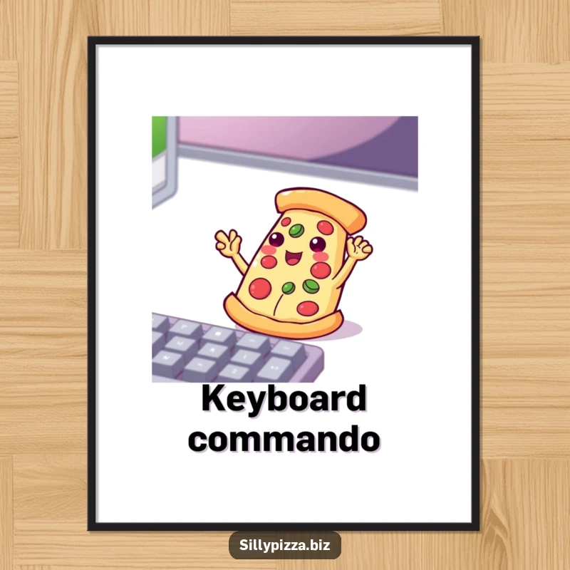 Funny pizza character with small arms waving enthusiastically at a computer keyboard, presented as vibrant wall art.