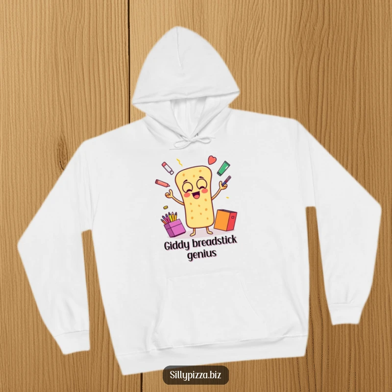 Funny hoodie depicting an animated breadstick gleefully juggling colorful office supplies, spreading joy and fun.