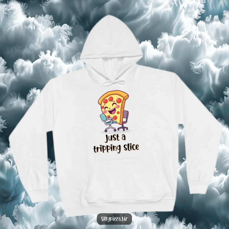 Funny hoodie showcasing a smiling pizza slice comically losing its balance over a small office chair, perfect for laughs.