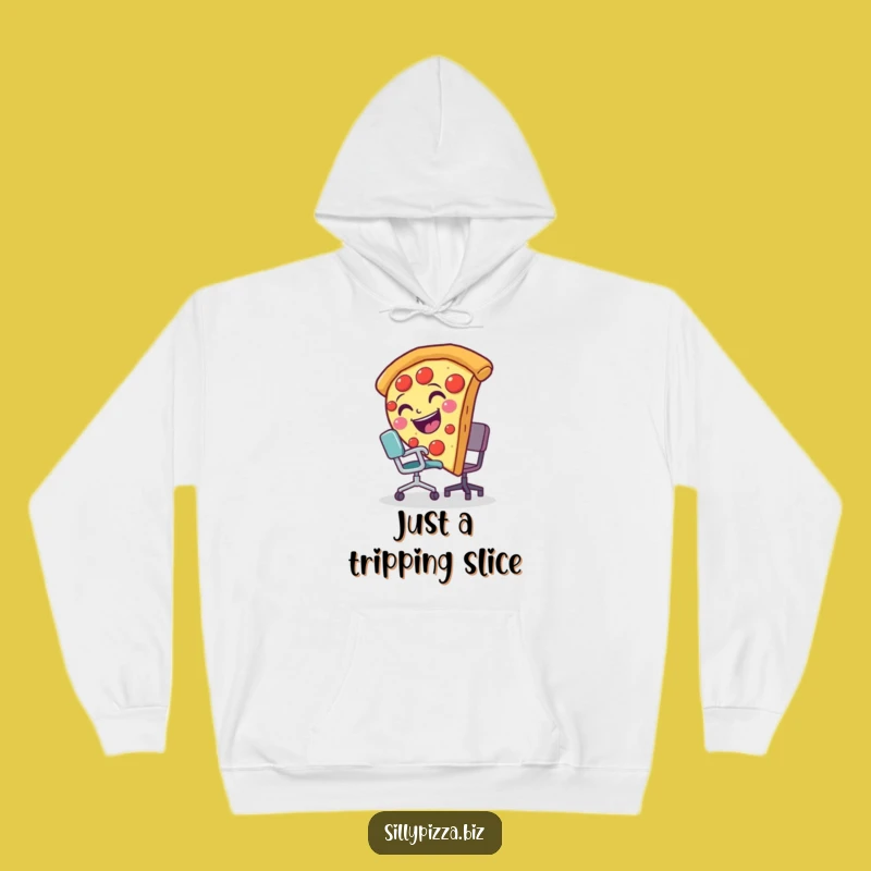 Cozy Pizza Slice Tripping Hoodie, Funny Office Gag Sweatshirt for Him