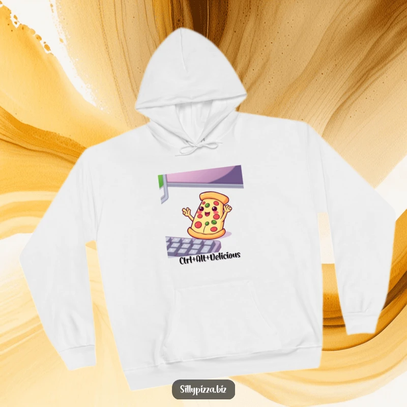 Funny, playful pizza character with tiny arms waving excitedly at a keyboard, printed on a soft hoodie.