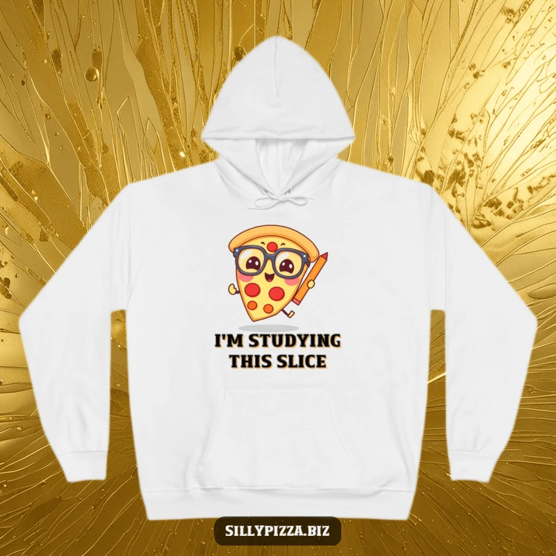 Funny pizza slice wearing large glasses, humorously pursuing a pencil, featured on this cozy, warm hoodie.