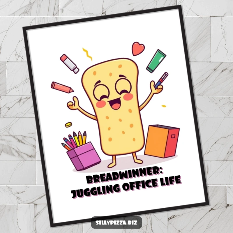 Funny Free Printable Wall Art: Animated breadstick gleefully juggling colorful office supplies, creating a vibrant and playful decorative piece.