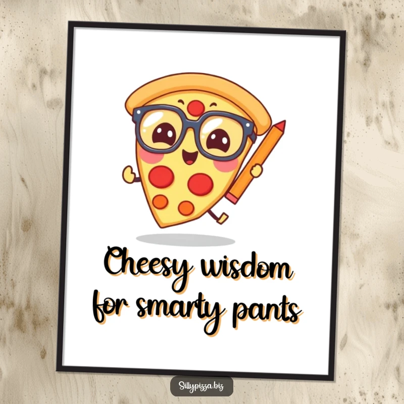 Funny Free Printable Wall Art: A giggling pizza slice in oversized glasses studies with a pencil, quirky downloadable.