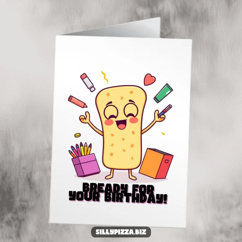 Funny Free Printable Birthday Card: An animated breadstick gleefully juggling colorful office supplies, bringing playful energy to greetings.