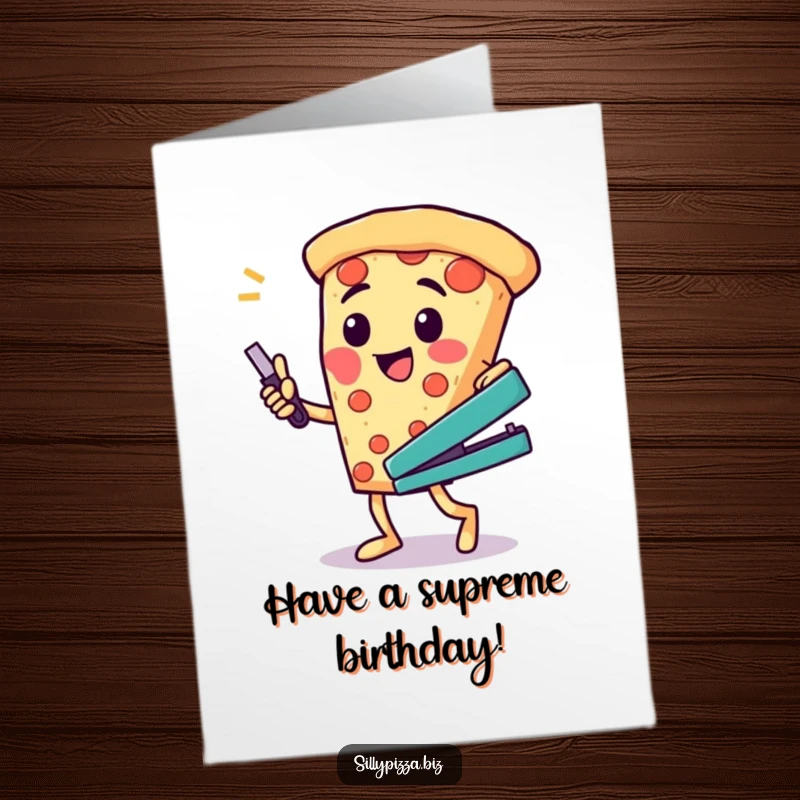 Funny Free Printable Birthday Card: A cheesy pizza character doing a silly dance with a stapler, bringing quirky moves to greetings.