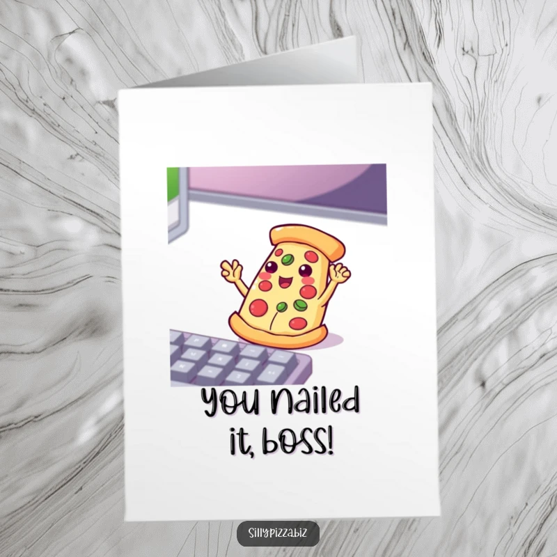 Funny Free Printable Congratulations Card: Playful pizza with small arms waves energetically at a keyboard, celebrating success.