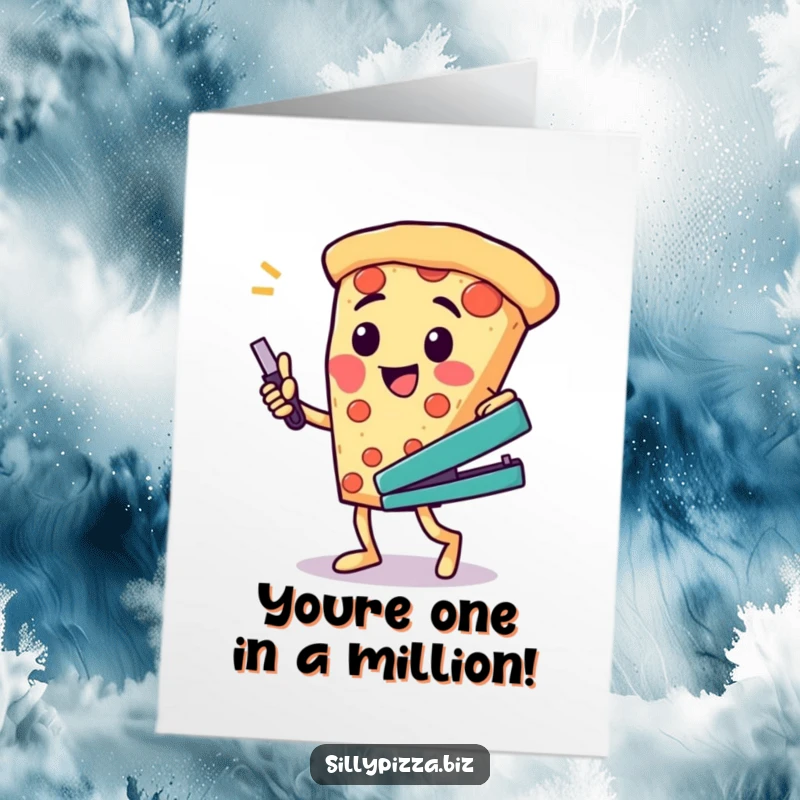 Funny Free Printable Congratulations Card: A cheesy pizza character doing a silly dance holding a stapler, celebrating achievements with quirky joy.