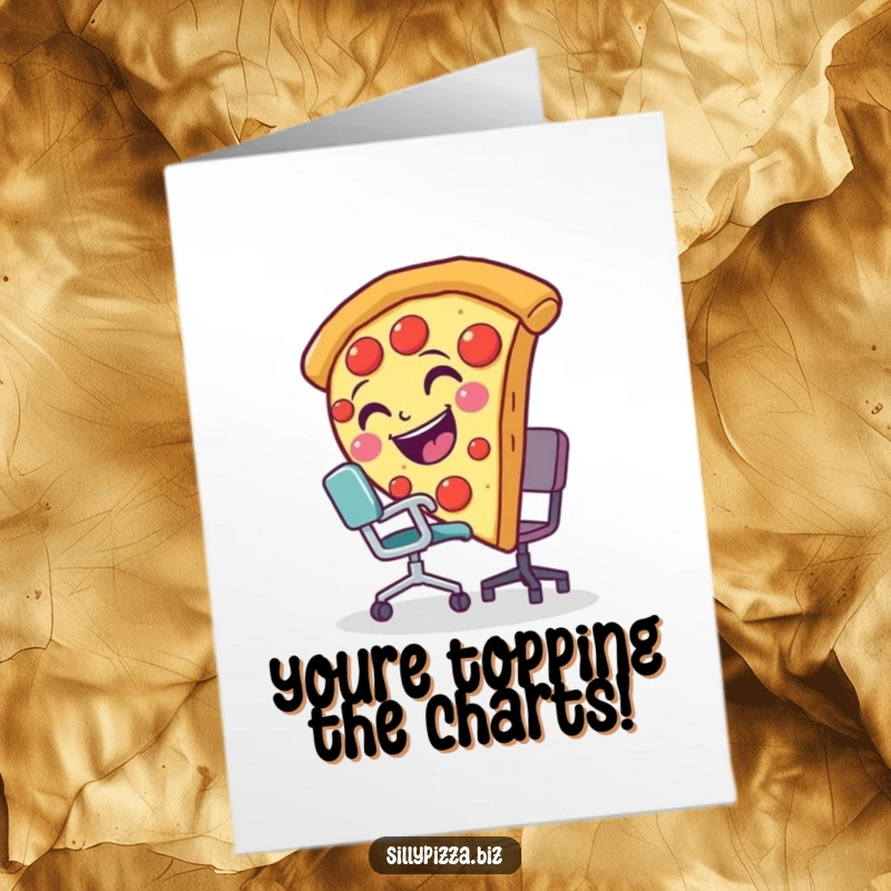 Funny Free Printable Congratulations Card: A smiling pizza slice comically tripping over a tiny office chair, perfect for a laugh-out-loud win.
