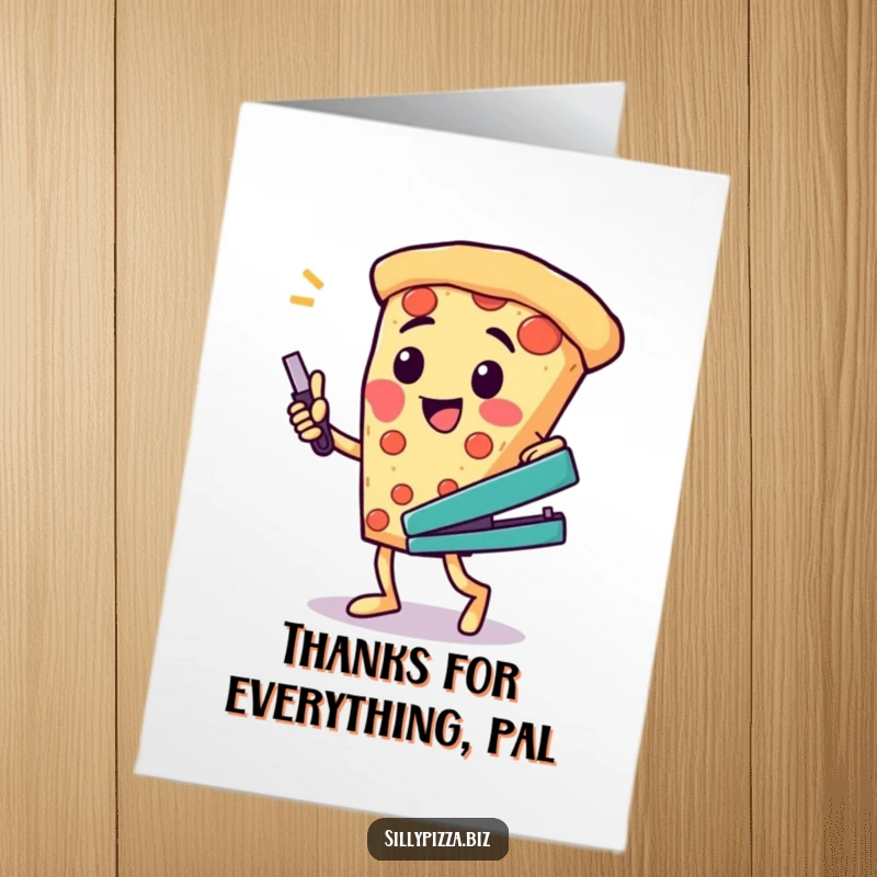 Funny Free Printable Thank You Card: A cheesy pizza character doing a silly dance holding a stapler, delivering thanks with a humorous flourish.