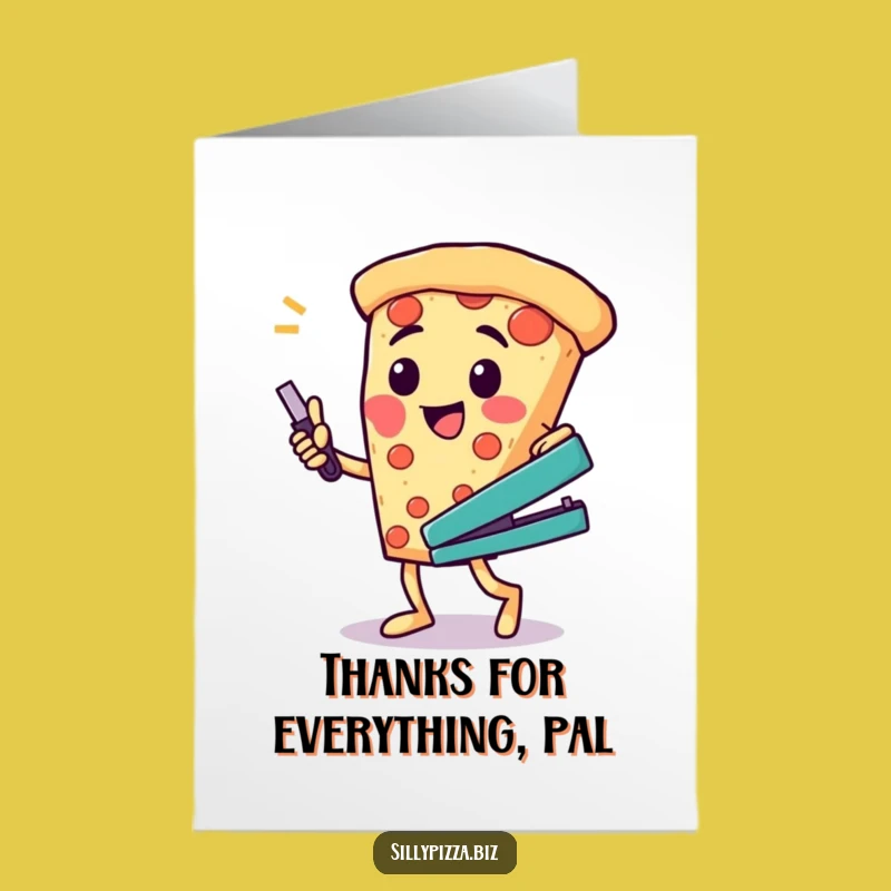 Funny Printable Thank You Card: Pizza Dance w/ Stapler, Cheerful Free Downloadable Gift