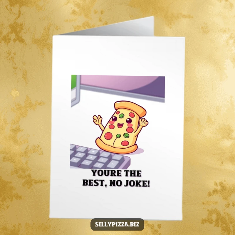 Funny Free Printable Thank You Card: Playful pizza with small arms waves enthusiastically at a keyboard, expressing thanks.
