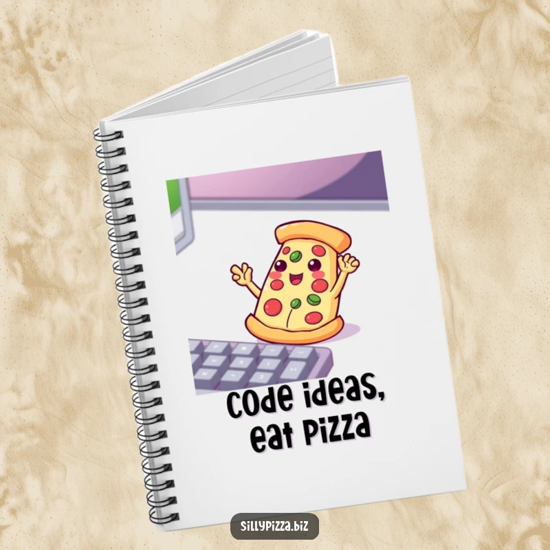 Funny pizza slice with small arms waving enthusiastically at a computer keyboard, on the cover of a notebook.
