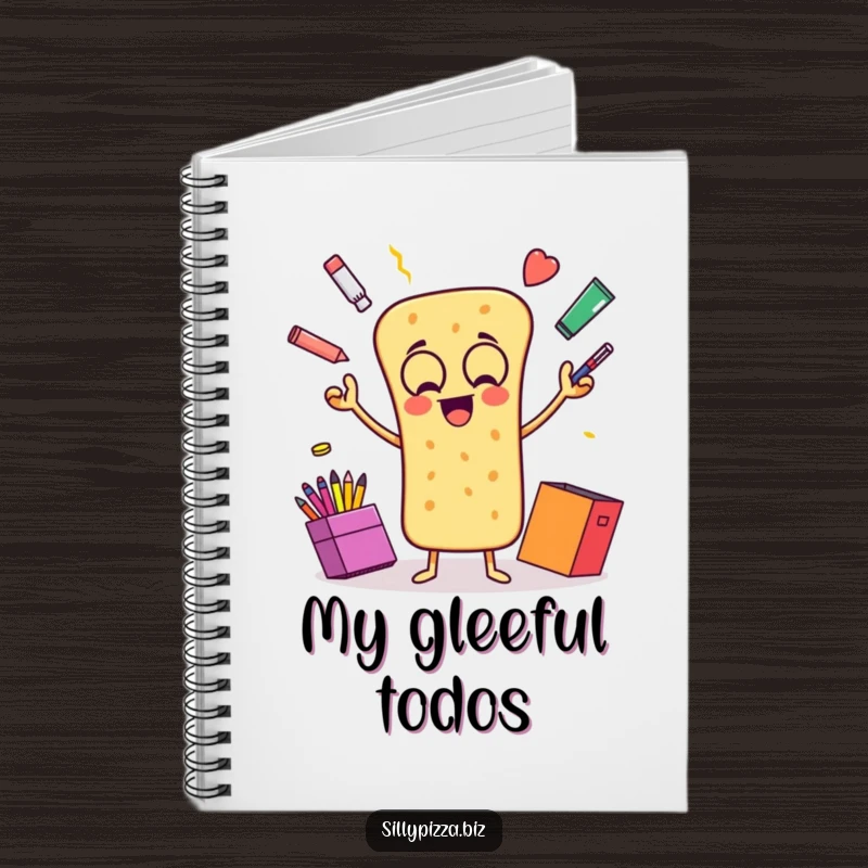 Funny notebook featuring an animated breadstick gleefully juggling colorful office supplies, perfect for creative minds.