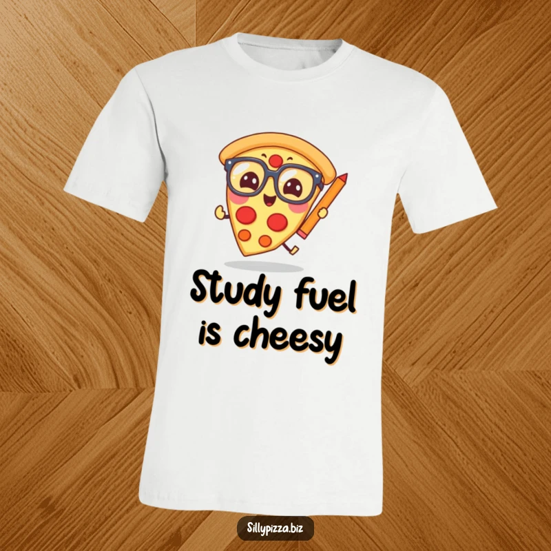 Funny, giggling pizza slice in oversized glasses, comically chasing a pencil, adorning this humorous t-shirt.