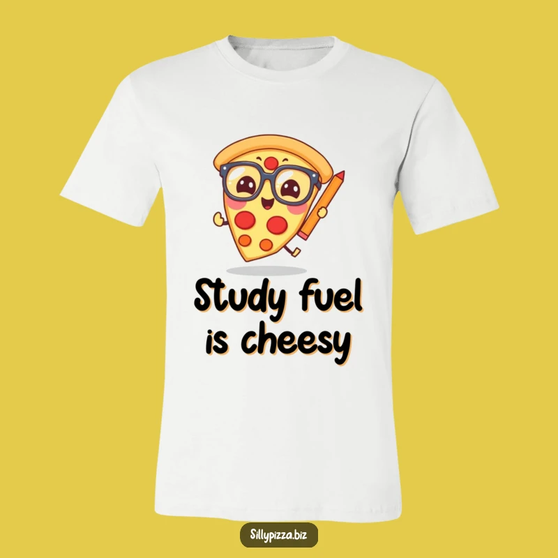 Funny Pizza Scholar T-Shirt: Giggling Glasses Slice Chasing Pencil Joke Tee