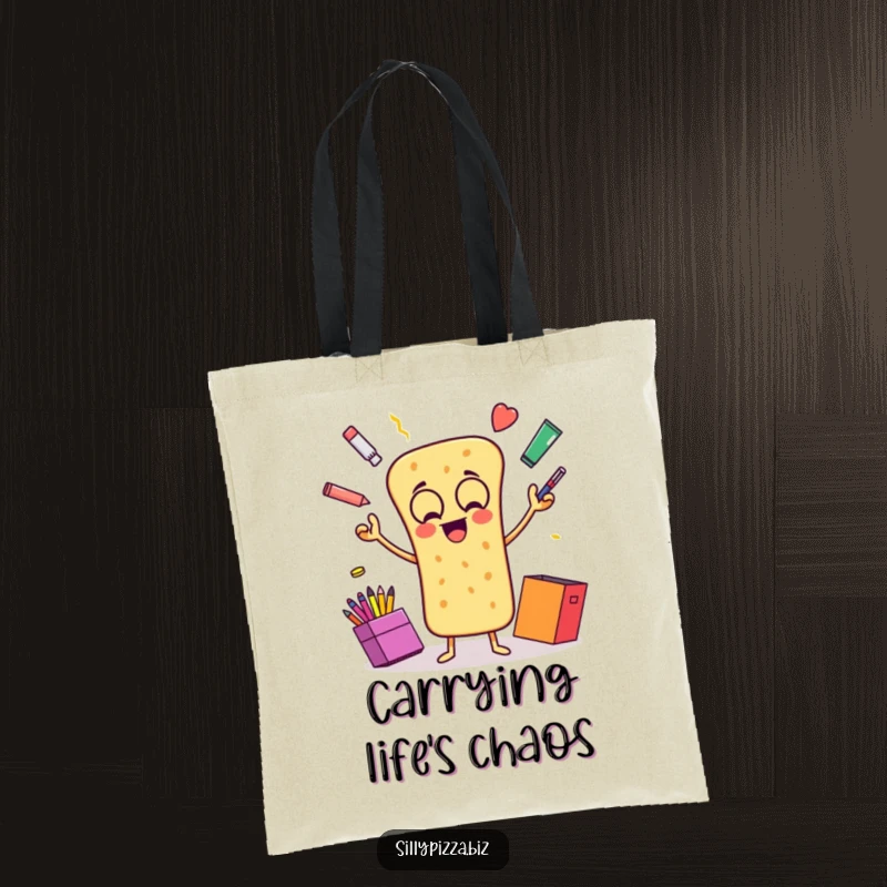 Funny tote bag illustrating an animated breadstick gleefully juggling colorful office supplies, perfect for everyday carry.