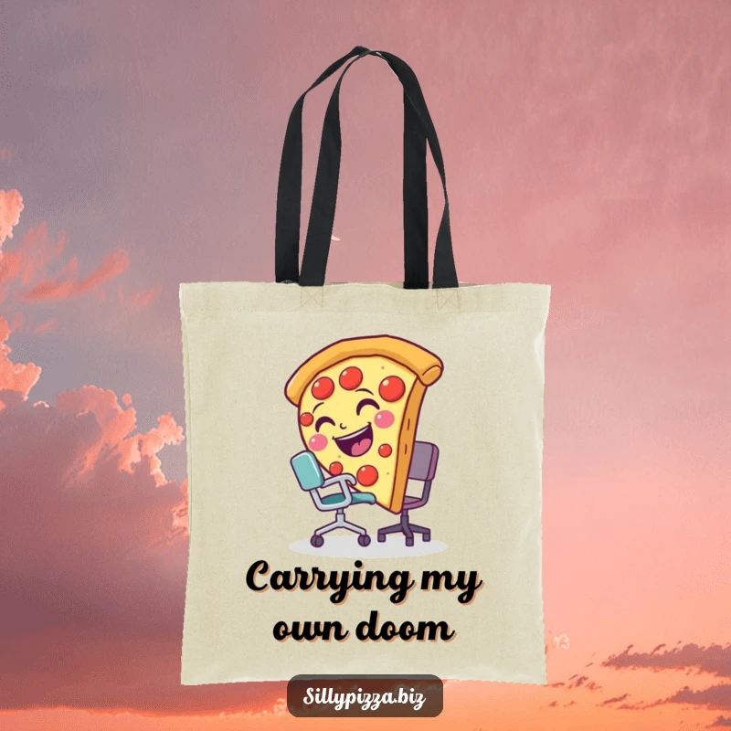 Funny tote bag illustrating a smiling pizza slice comically tripping over a miniature office chair, a delightful visual gag.
