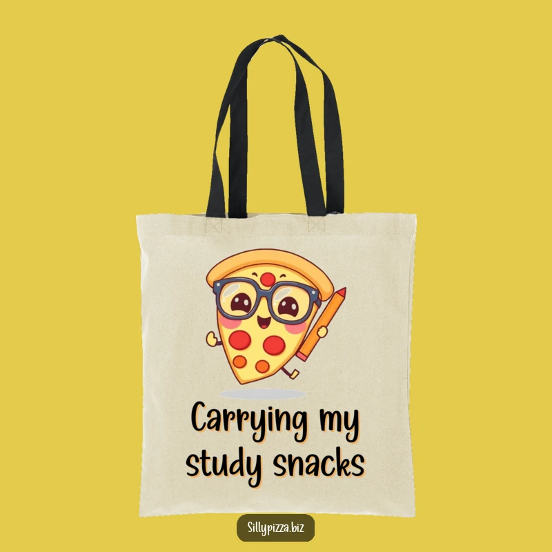 Funny Pizza Scholar Tote Bag: Giggling Glasses Slice Chasing Pencil Carryall