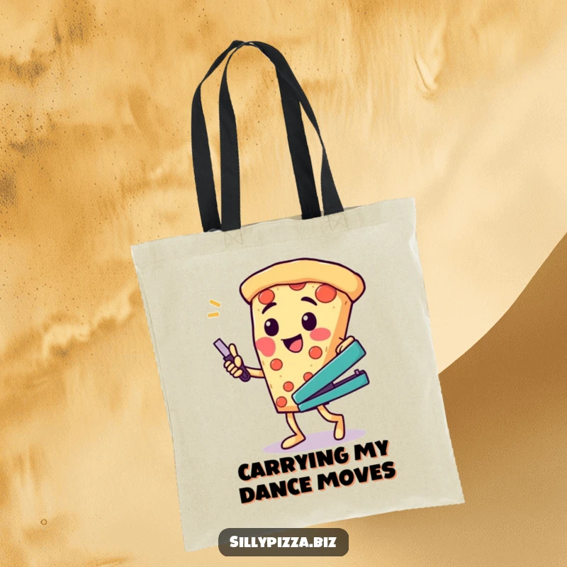 Funny tote bag illustrating a cheesy pizza character performing a silly dance with a stapler, perfect for everyday carry.