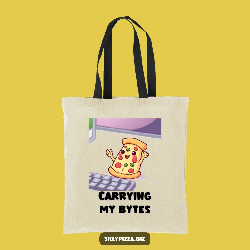 Funny Tech Pizza Tote Bag: Playful Waving Slice Enthusiastic Keyboard Carryall
